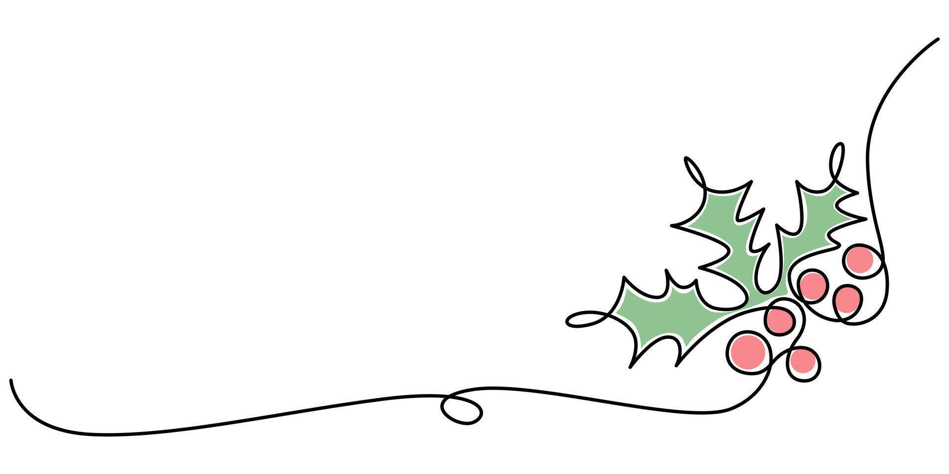 Holly berry leaves continuous one line hand drawing vector