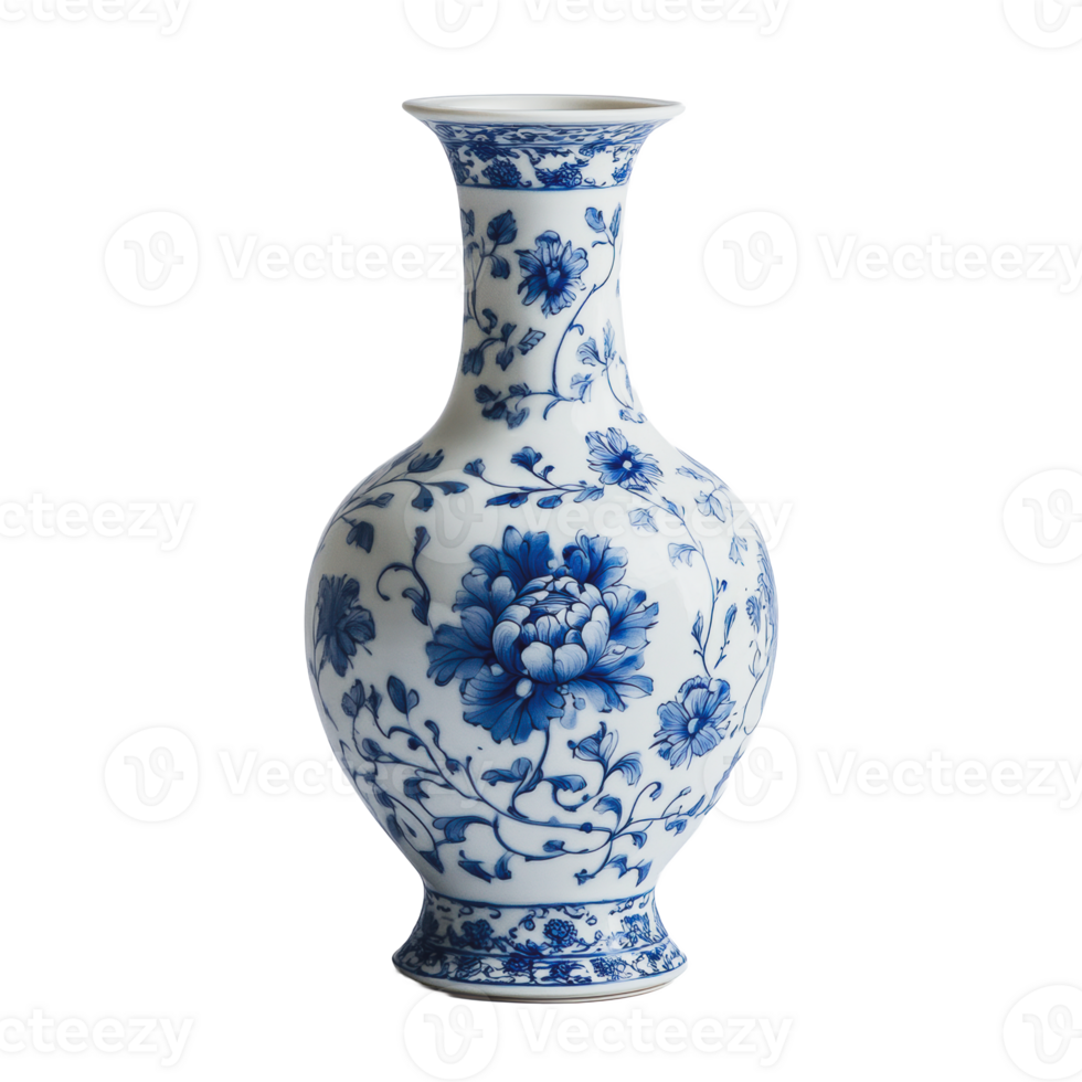 Floral blue and white porcelain vase png