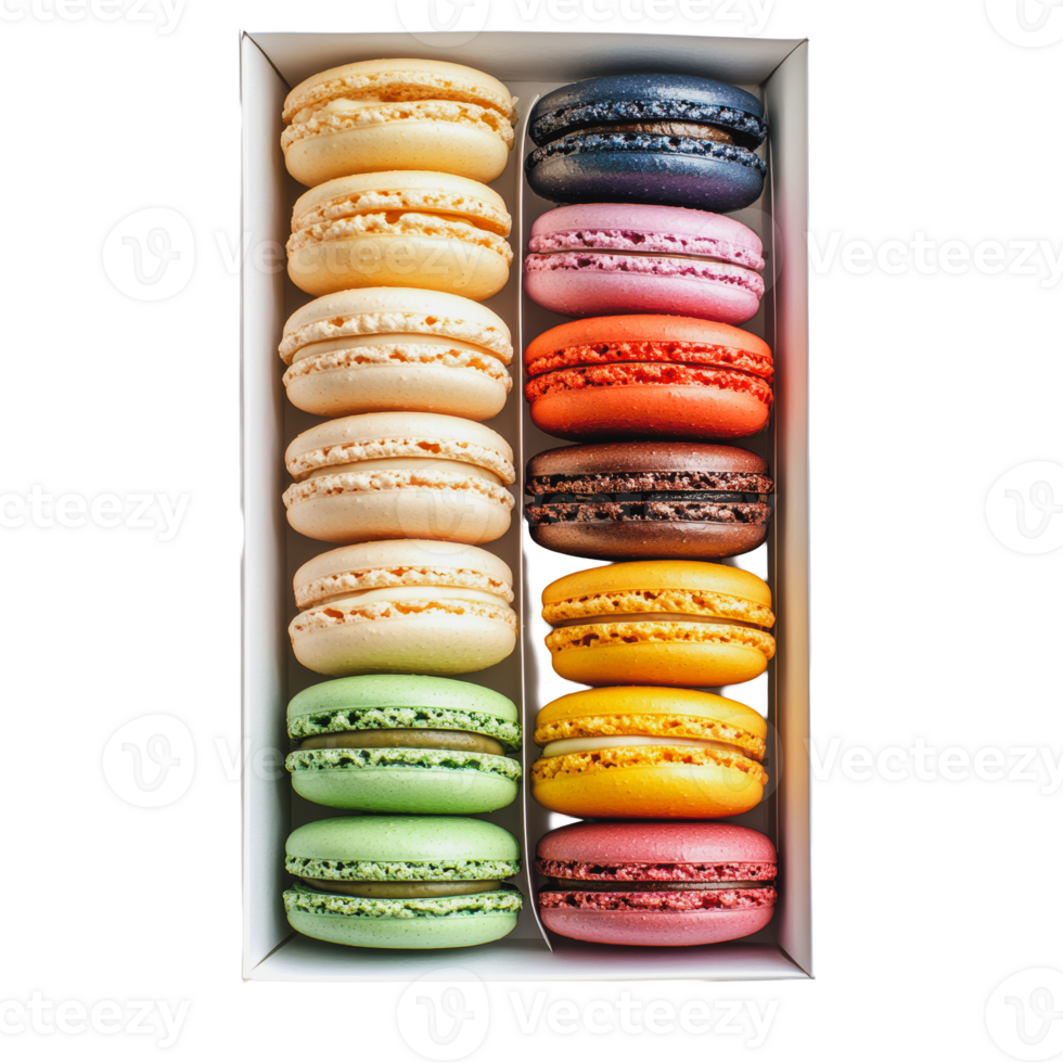 Colorful macarons arranged in a neat box png