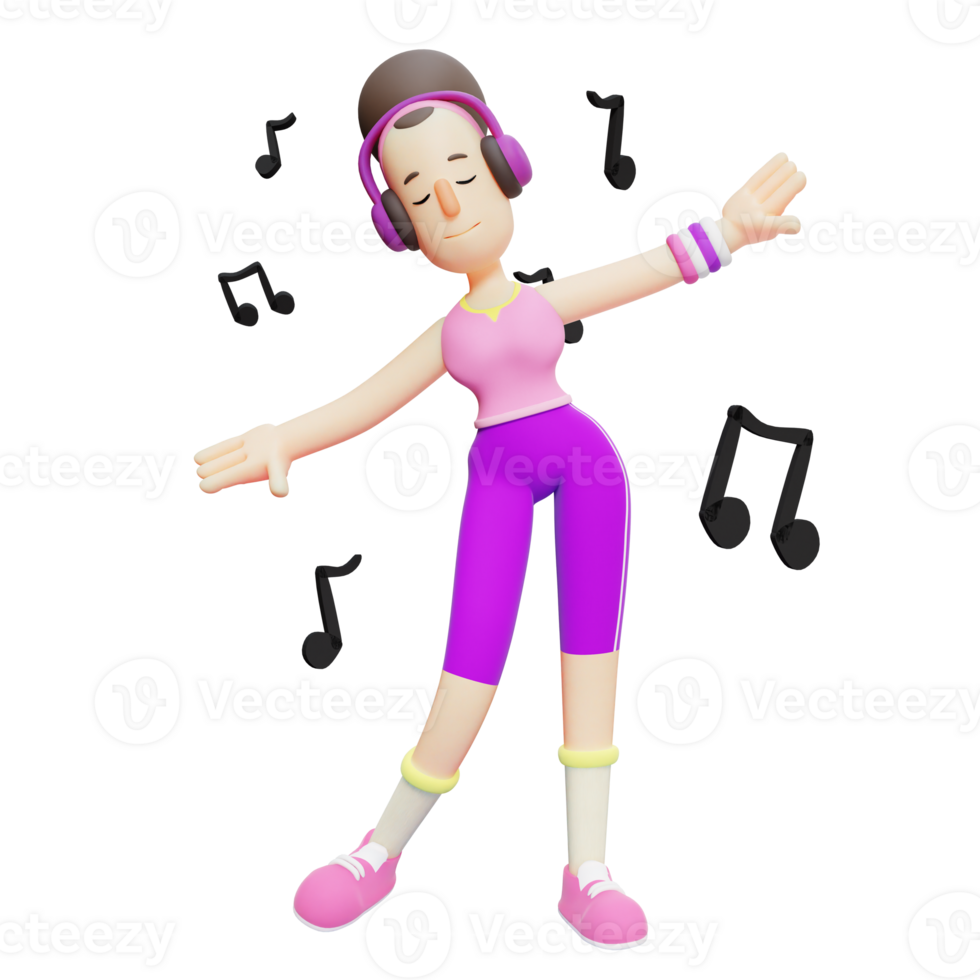 Girl in Yoga Cartoon. A Female Cartoon Character Enjoying Music While Dancing. 3D Pack png
