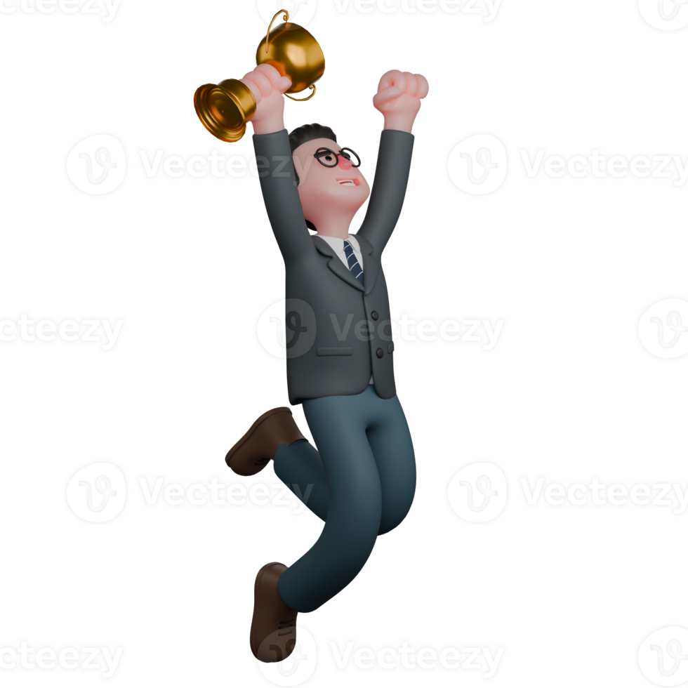 Professional Teacher Character in 3D. A man in formal attire jumps with enthusiasm while holding a trophy in both hands. Male png