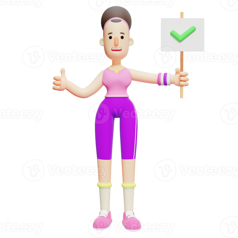 Yoga Girl in 3D Style. Female Character with Green Check Mark Sign. Cartoon Pack png