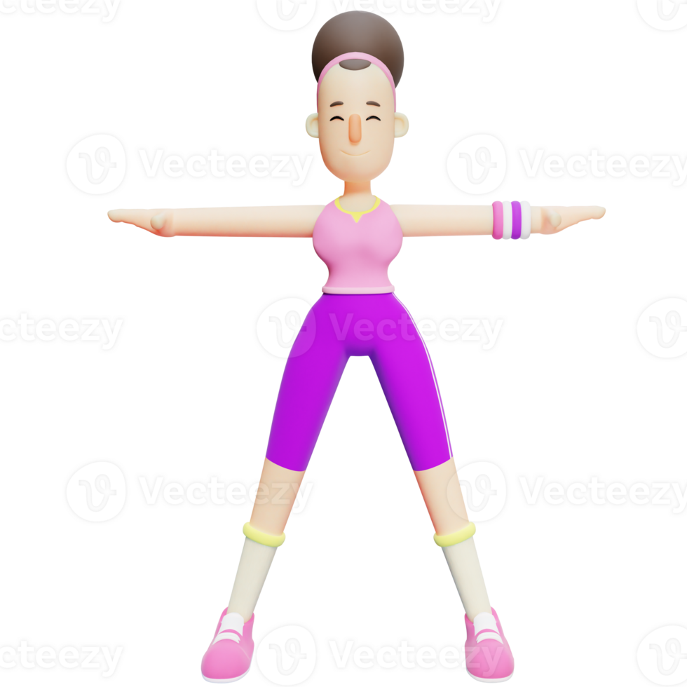 3D Yoga Animation. Fitness Exercise T-Pose Stretch. Girl Cartoon png