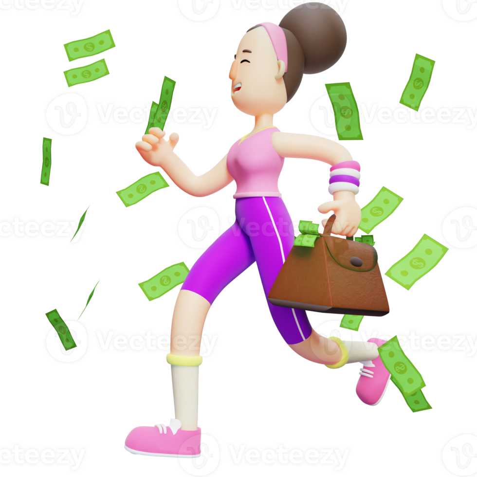 3D Girl in Yoga Session. Female Character Running with Money png