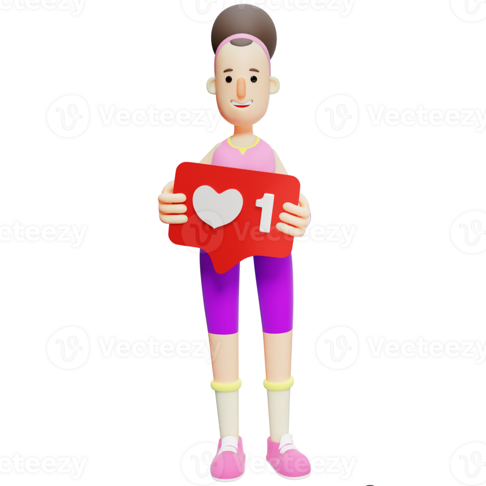 Yoga Girl in 3D. Cartoon Character with Social Media Like Symbol. Character Illustration png