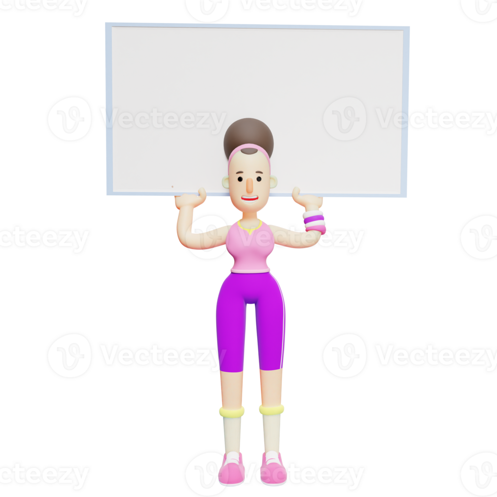 3D Character Yoga Girl. A Female Cartoon Character Holding a Large Signboard Above Her Head. Illustrated png