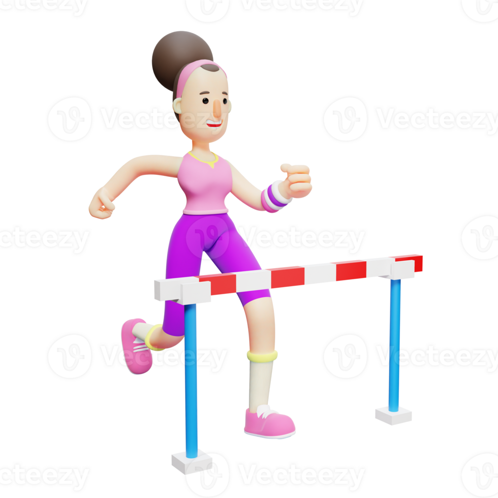 Yoga Girl in Motion. A Cartoon Character Enthusiastically Running Over Hurdles. 3D Cartoon png