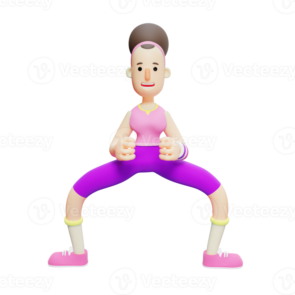 Yoga Practice by Cartoon Girl. A Female Cartoon Character in a Horse Stance Exercise Position. 3D Style png