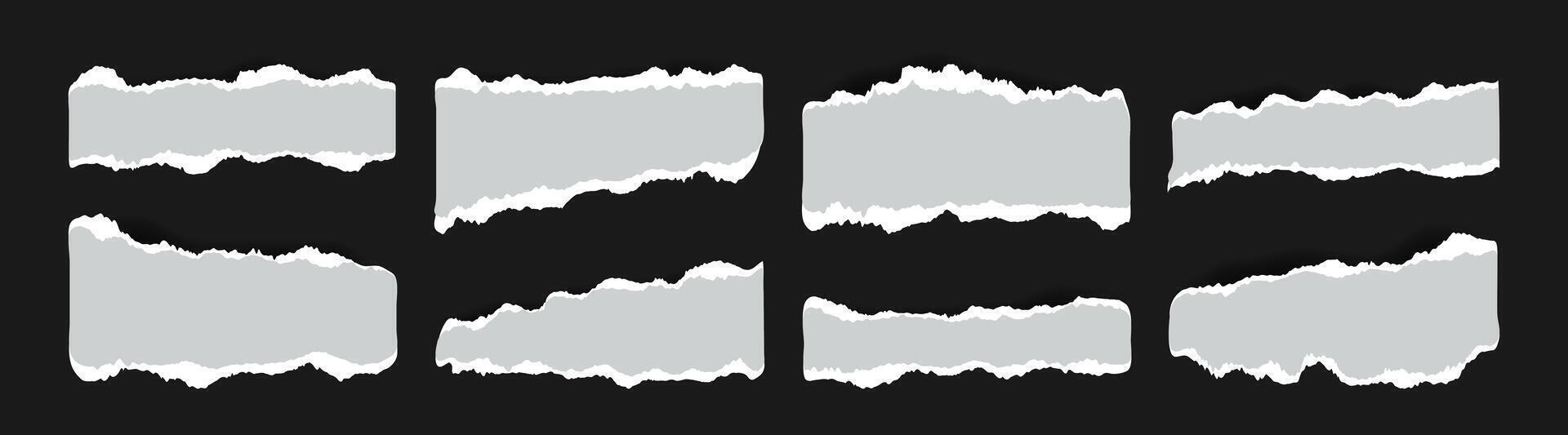 Realistic ripped grey Notebook Paper sheets for Scrapbook or Collages. Torn blank pages with uneven texture. Damaged old pieces of notepad like empty frame for message text vector