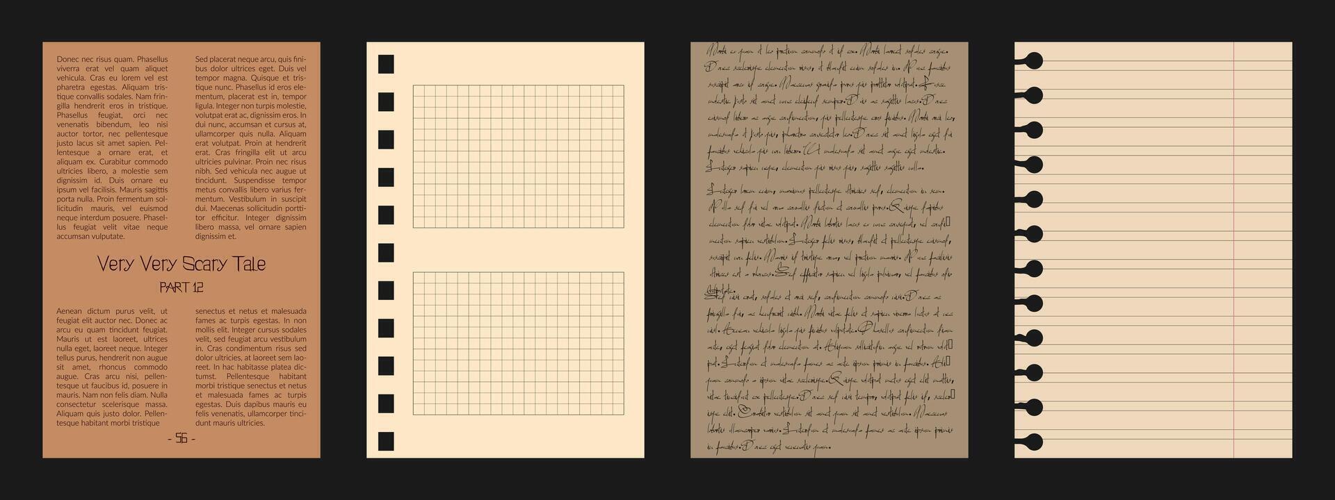 Old scrapbook paper sheets and newspaper. Retro pages with with lines, cells and illegible writing. Notebook set for collages and social media background vector