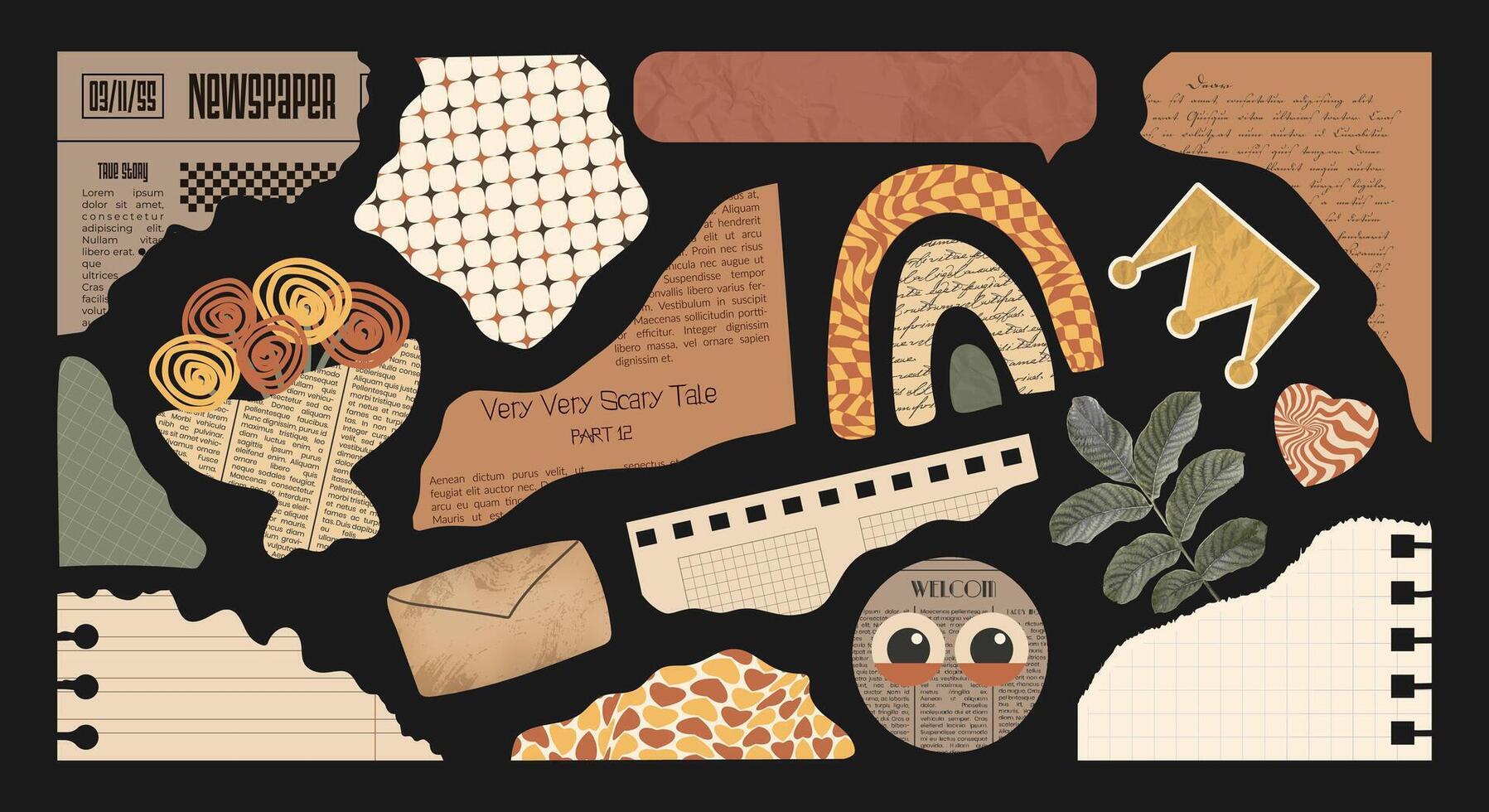 Vintage Scrapbook elements set. Scraps of Paper, Old Newspapers and Notebook Sheets. Funny trendy torn letter cutouts like bouquet of flowers, smile, crown bright rainbow with crazy pattern and leaves vector