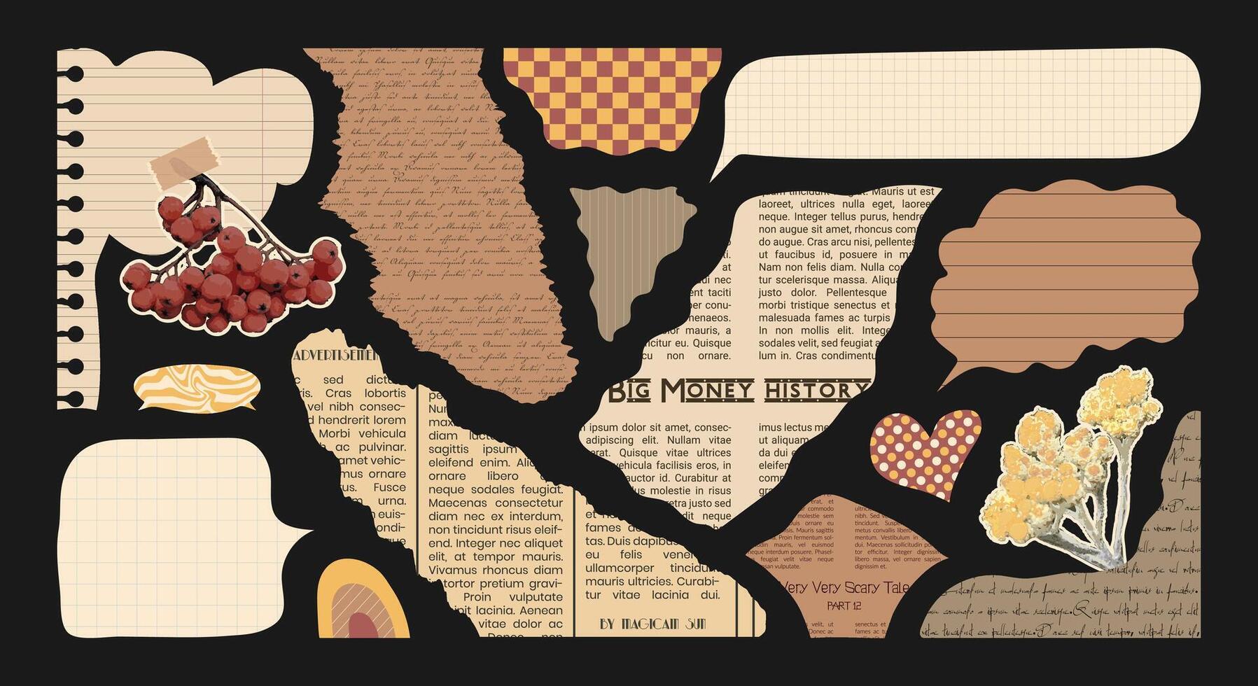 Vintage Paper cut elements for Scrapbook or Collages. Pieces Old Newspapers, retro torn patterns. Plants and flowers. Notebook sheets like rainbow, speech bubbles and hearts. Wrinkled abstract shapes vector