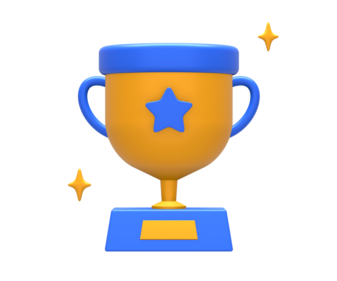 3D rendering of blue yellow champion winner trophy cup for UI UX web mobile apps social media ads design png