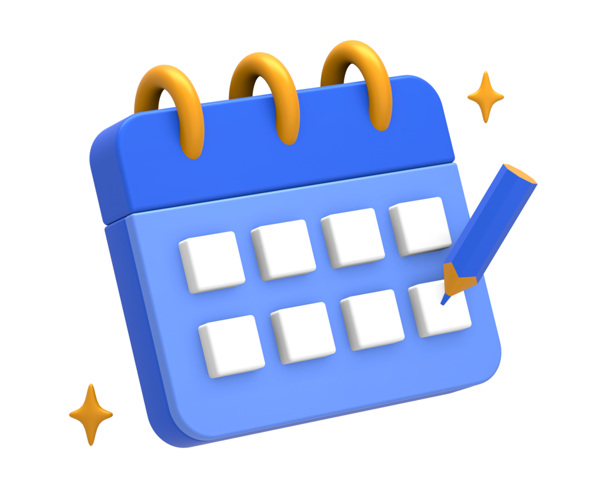 3D rendering of blue yellow calendar schedule date and time with pencil side for UI UX web mobile apps social media ads design png
