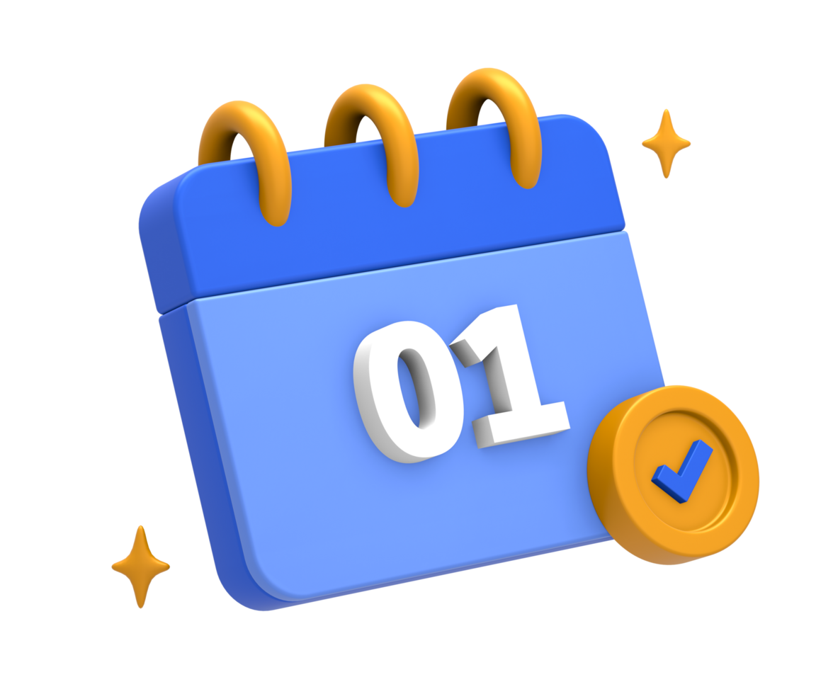 3D rendering of blue yellow calendar schedule date and time with checklist side for UI UX web mobile apps social media ads design png