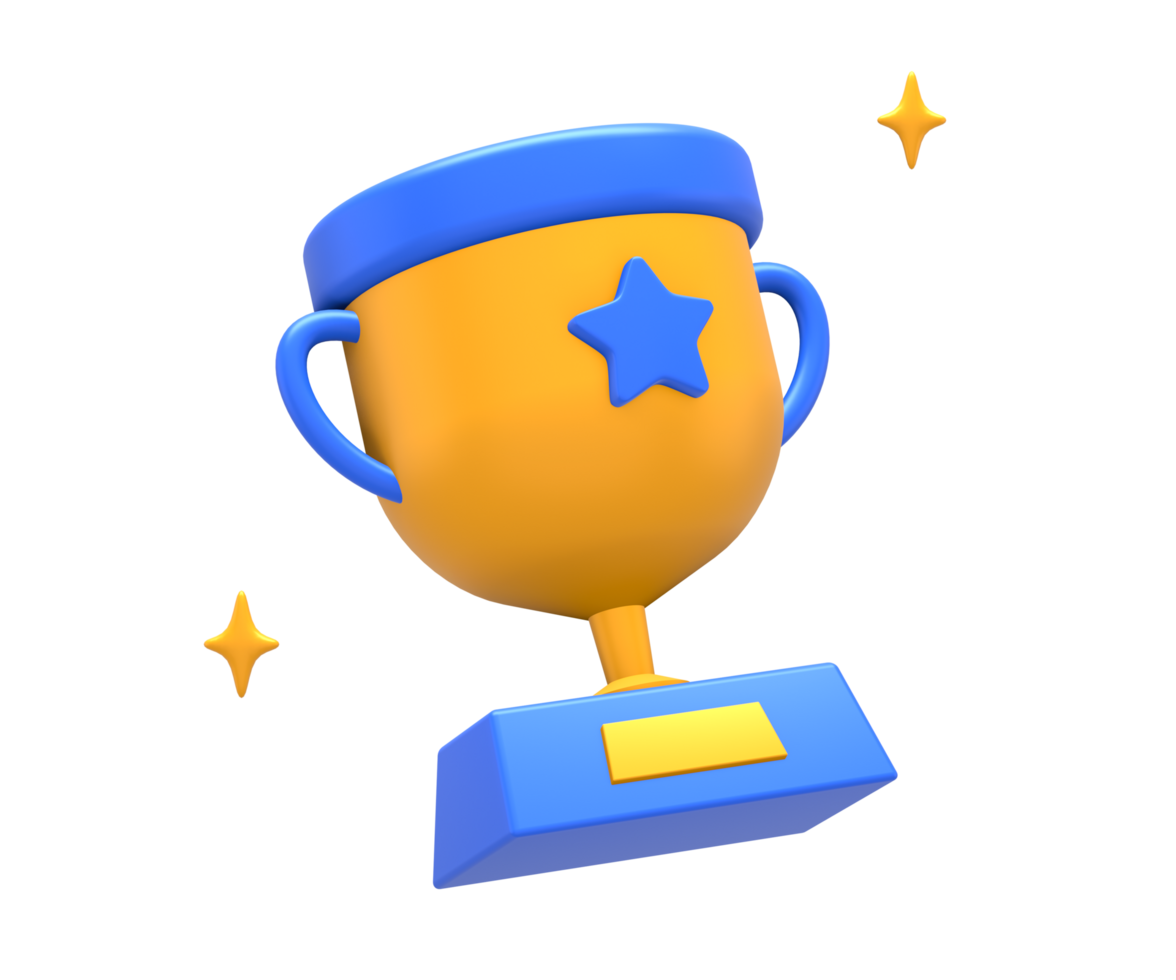 3D rendering of blue yellow champion winner trophy cup side for UI UX web mobile apps social media ads design png