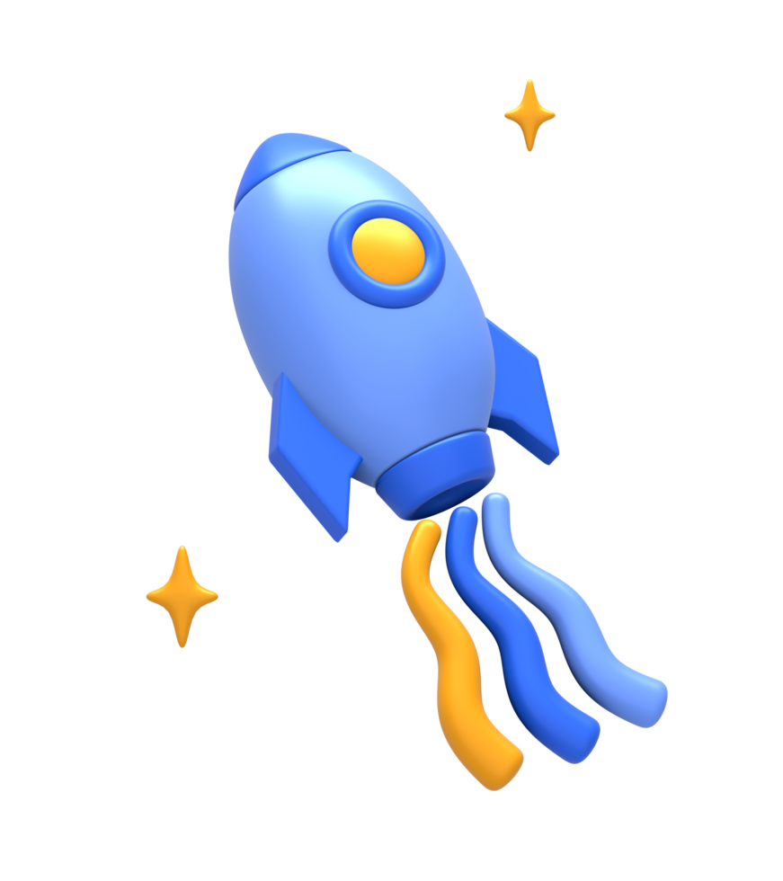 3D rendering of blue yellow spaceship or spacecraft rocket side for UI UX web mobile apps social media ads design png