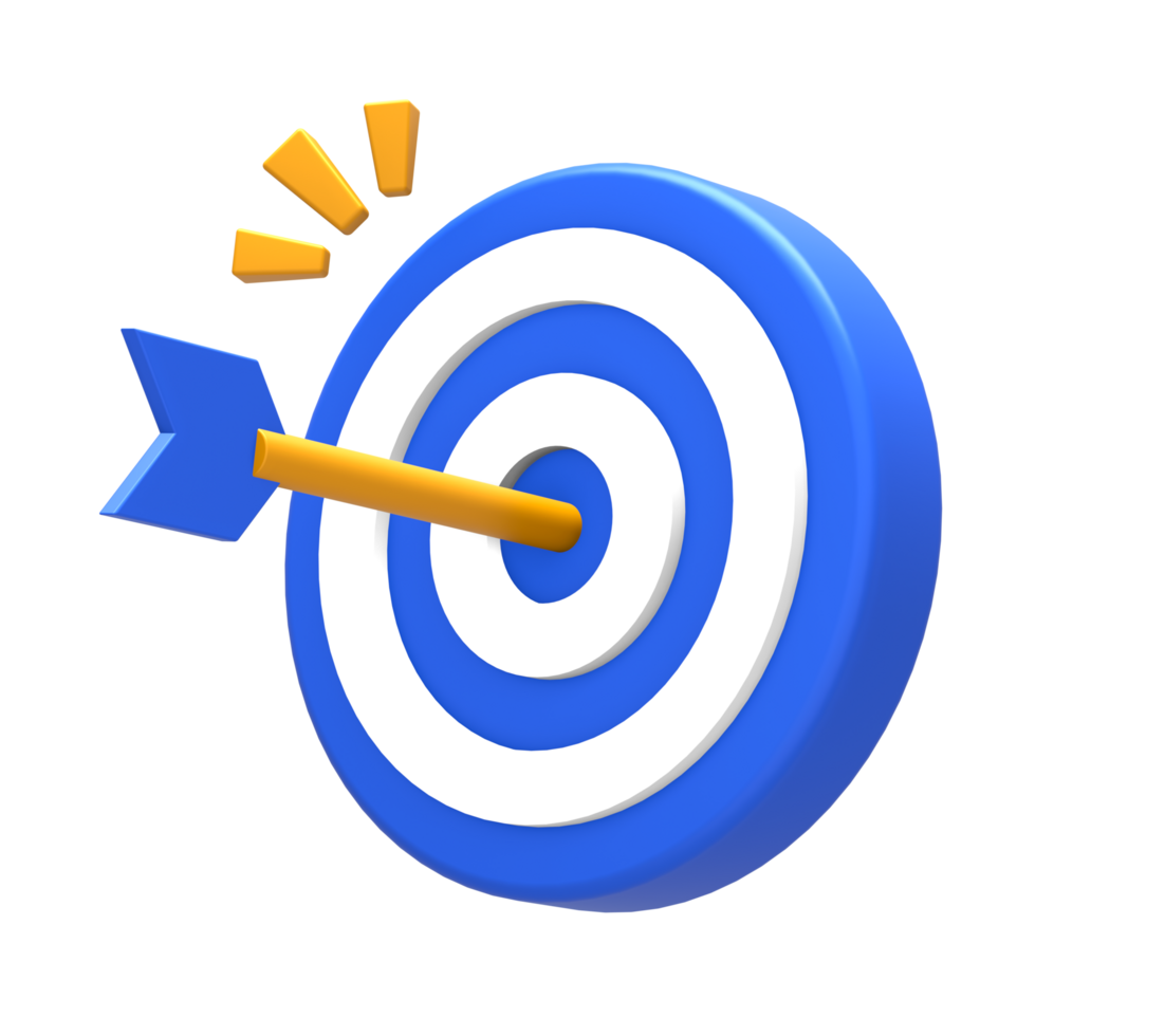3D rendering of blue yellow achievement target or goal with arrow bullseye for UI UX web mobile apps social media ads design png