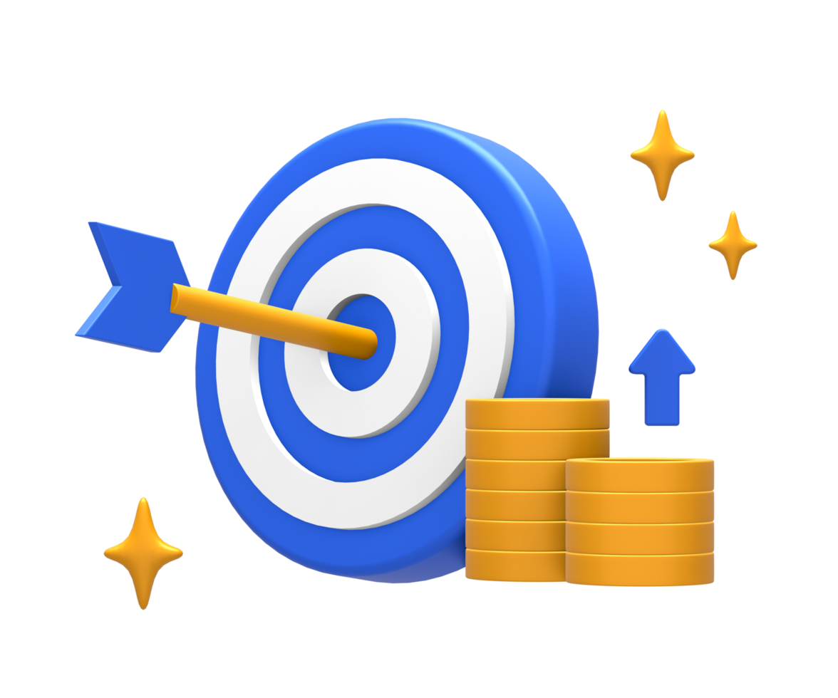 3D rendering of blue yellow business financial target or goal with arrow bullseye for UI UX web mobile apps social media ads design png