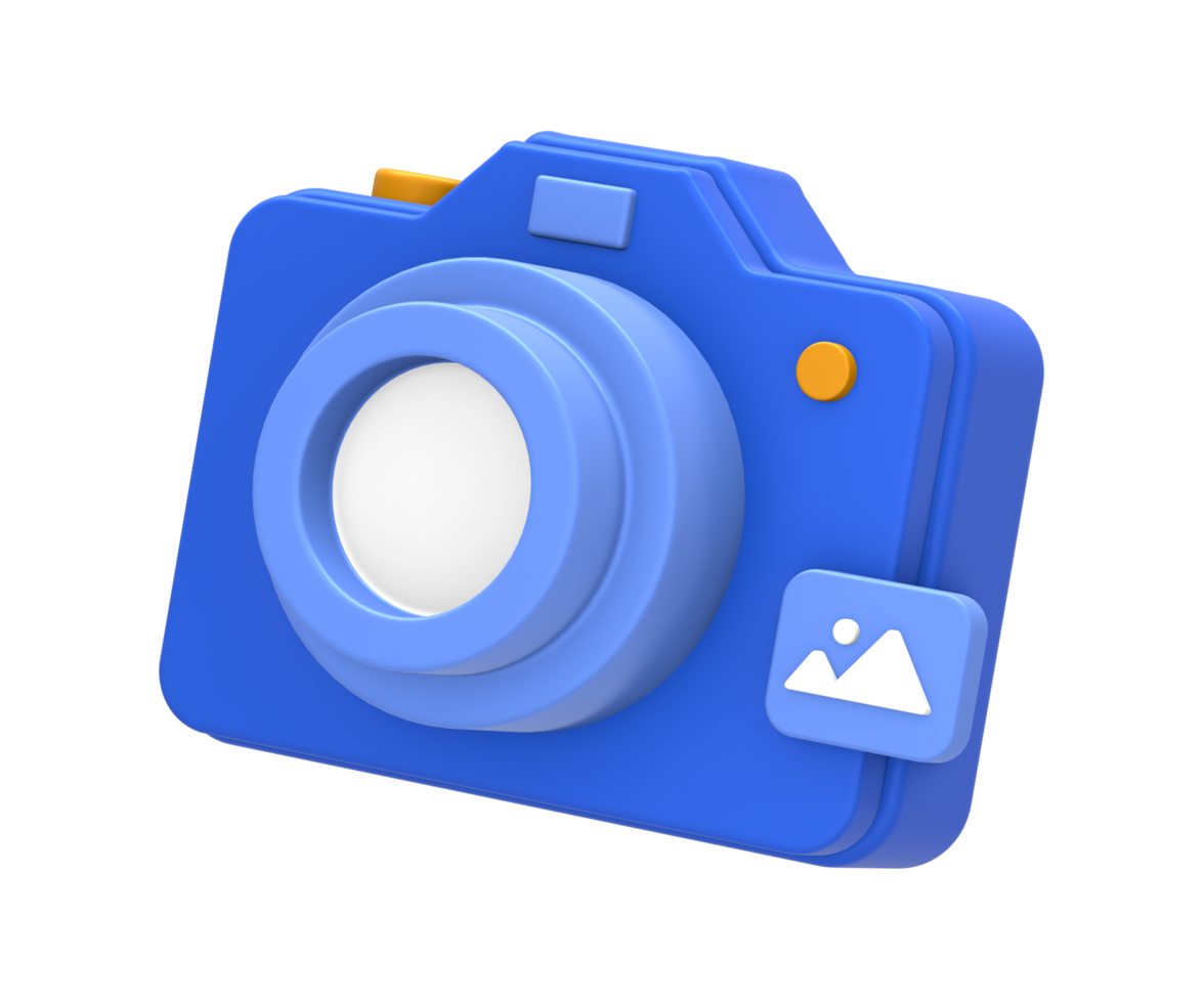 3D rendering of blue yellow multimedia content creation with digital camera photo for UI UX web mobile apps social media ads design png