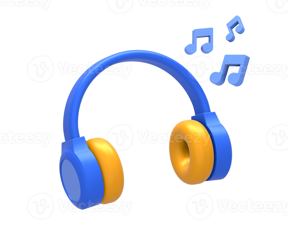 3D rendering of blue yellow headphone with music notes sound for UI UX web mobile apps social media ads design png