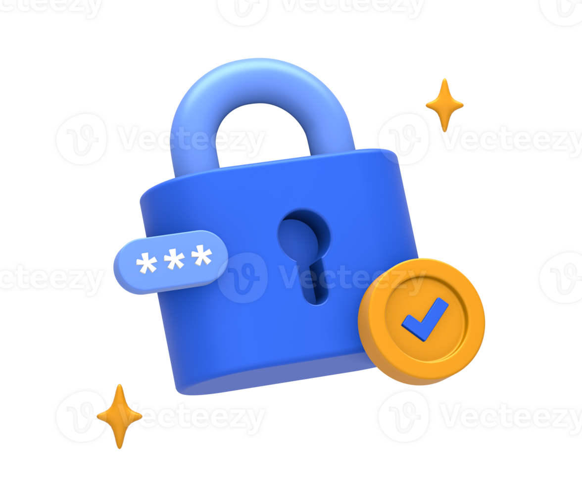 3D rendering of blue yellow private security password with padlock side for UI UX web mobile apps social media ads design png