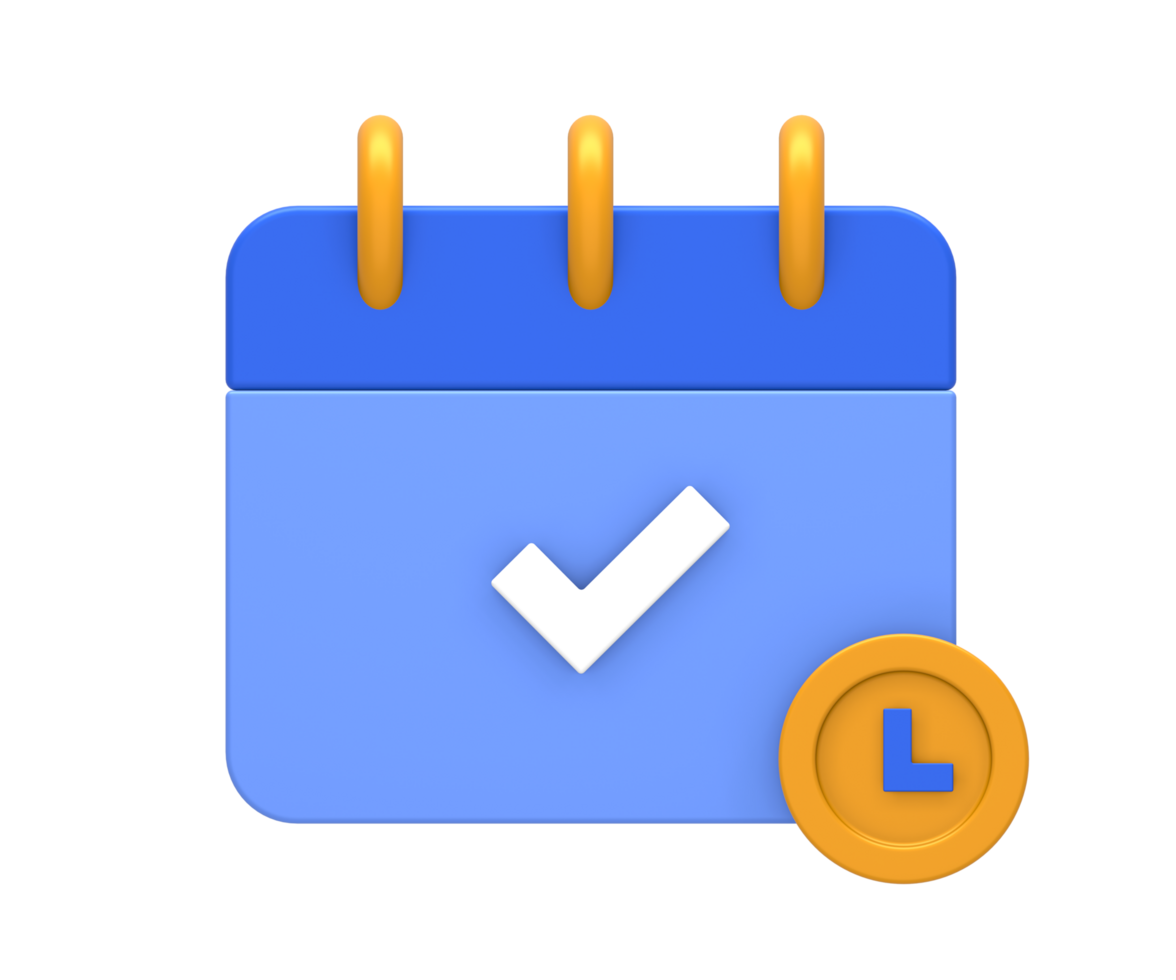 3d interpretazione di blu giallo calendario programma Data e tempo con lista di controllo marchio per ui UX ragnatela mobile applicazioni sociale media Annunci design png