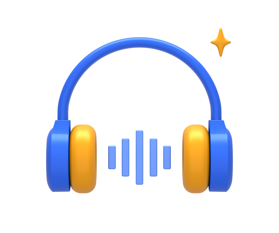 3D rendering of blue yellow headphone music sound wave front for UI UX web mobile apps social media ads design png