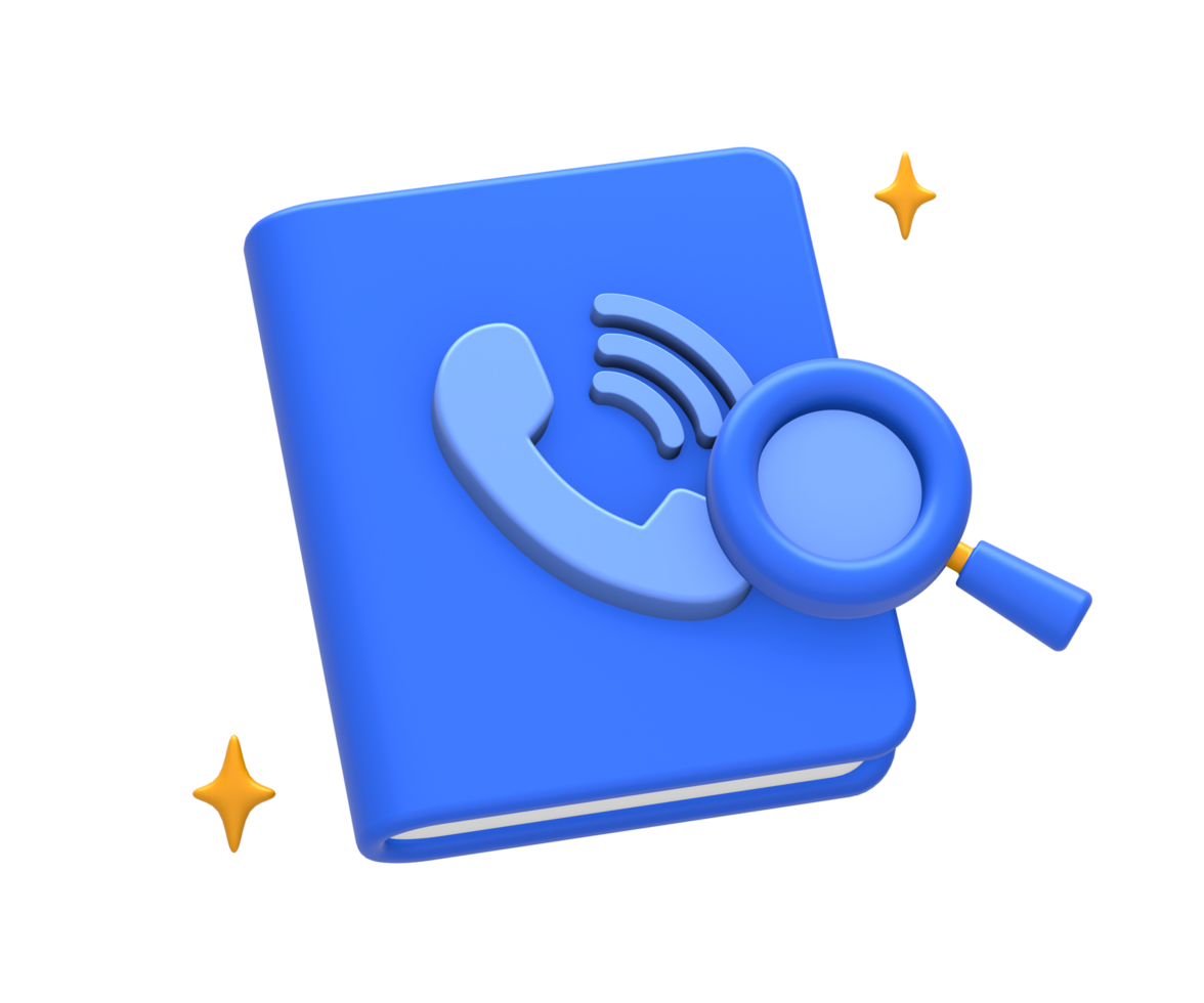 3D rendering of blue yellow phone book contact information with magnifying glass for UI UX web mobile apps social media ads design png