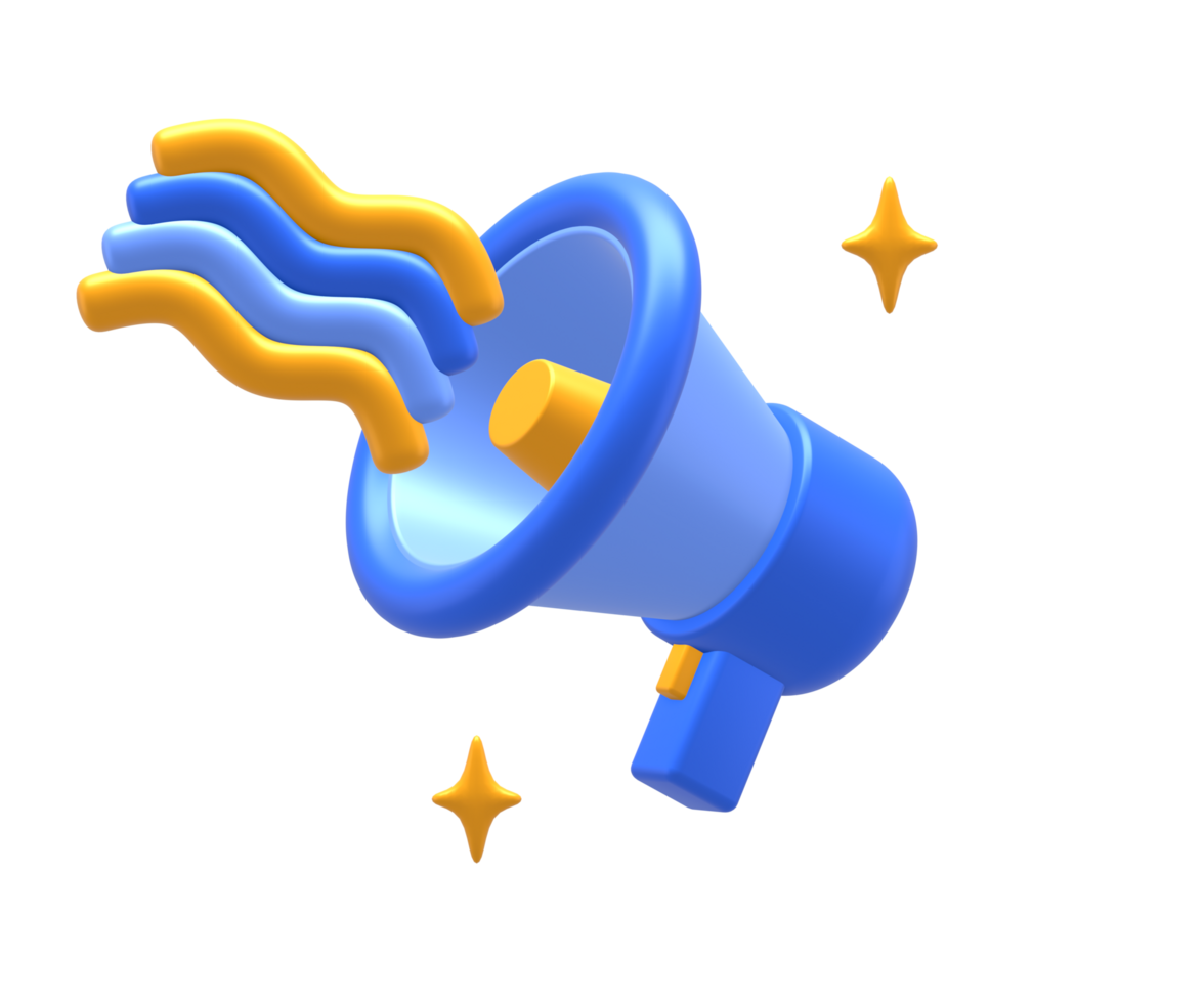 3D rendering of blue yellow loudspeaker or megaphone with party celebration confetti for UI UX web mobile apps social media ads design png