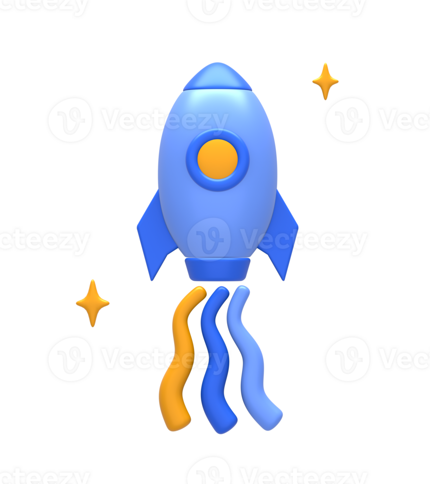 3D rendering of blue yellow spaceship or spacecraft rocket for UI UX web mobile apps social media ads design png