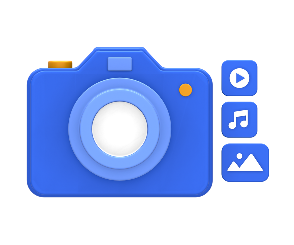 3D rendering of blue yellow multimedia content creation with digital film or movie camera photo and music note for UI UX web mobile apps social media ads design png