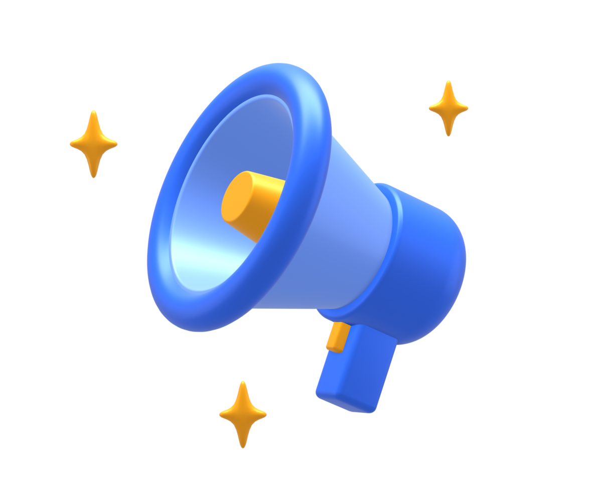 3D rendering of blue yellow loudspeaker or megaphone for UI UX web mobile apps social media ads design png
