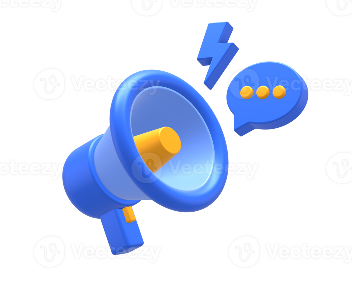 3D rendering of blue yellow loudspeaker with chat bubble for UI UX web mobile apps social media ads design png