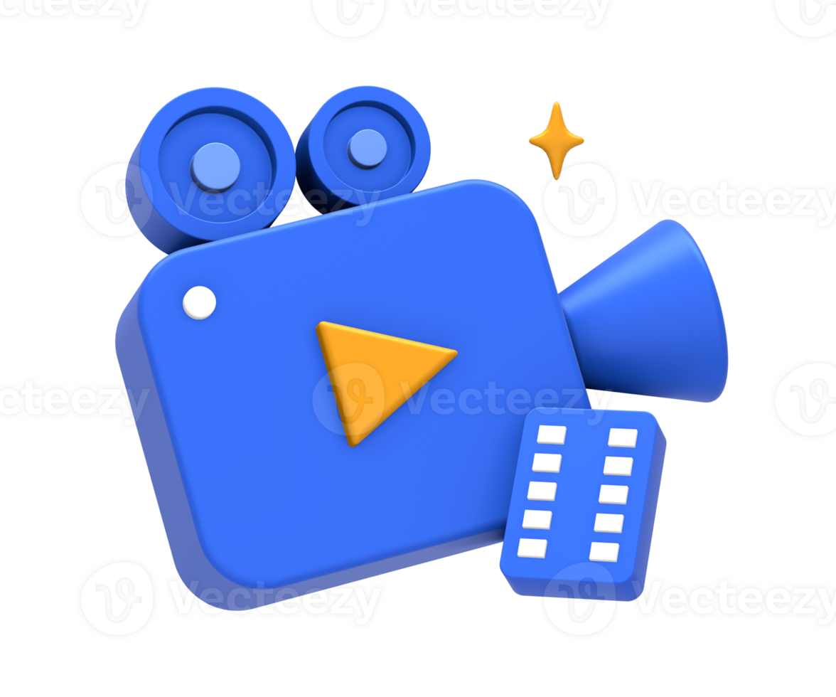 3D rendering of blue yellow multimedia film or movie camera and content creation for UI UX web mobile apps social media ads design png