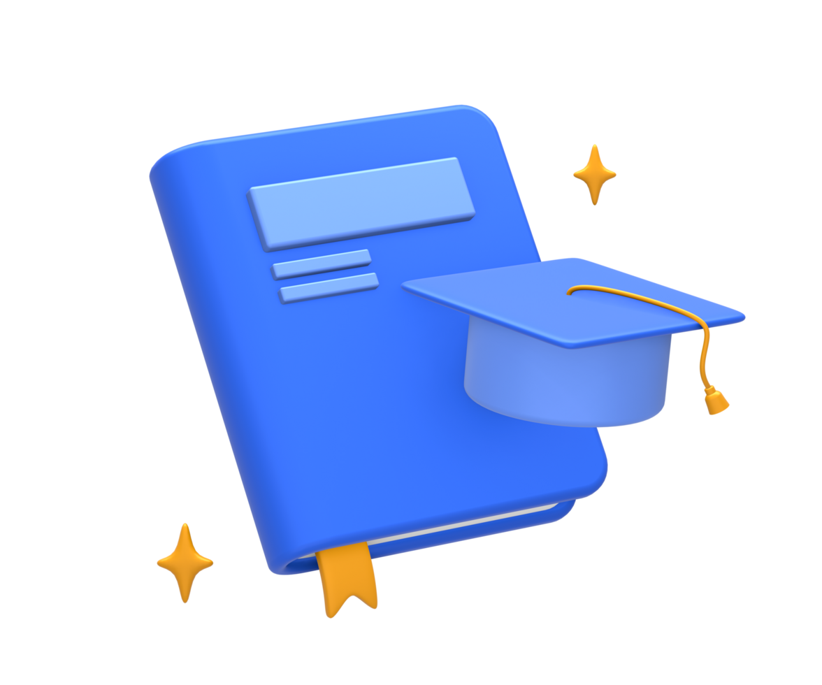 3D rendering of blue yellow education or academic book with graduation hat for college student for UI UX web mobile apps social media ads design png