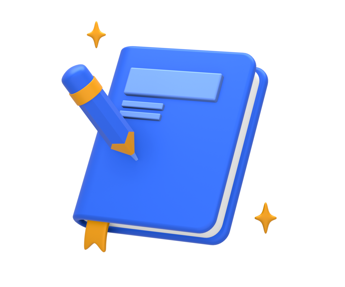 3D rendering of blue yellow education or academic book with pencil for college student for UI UX web mobile apps social media ads design png