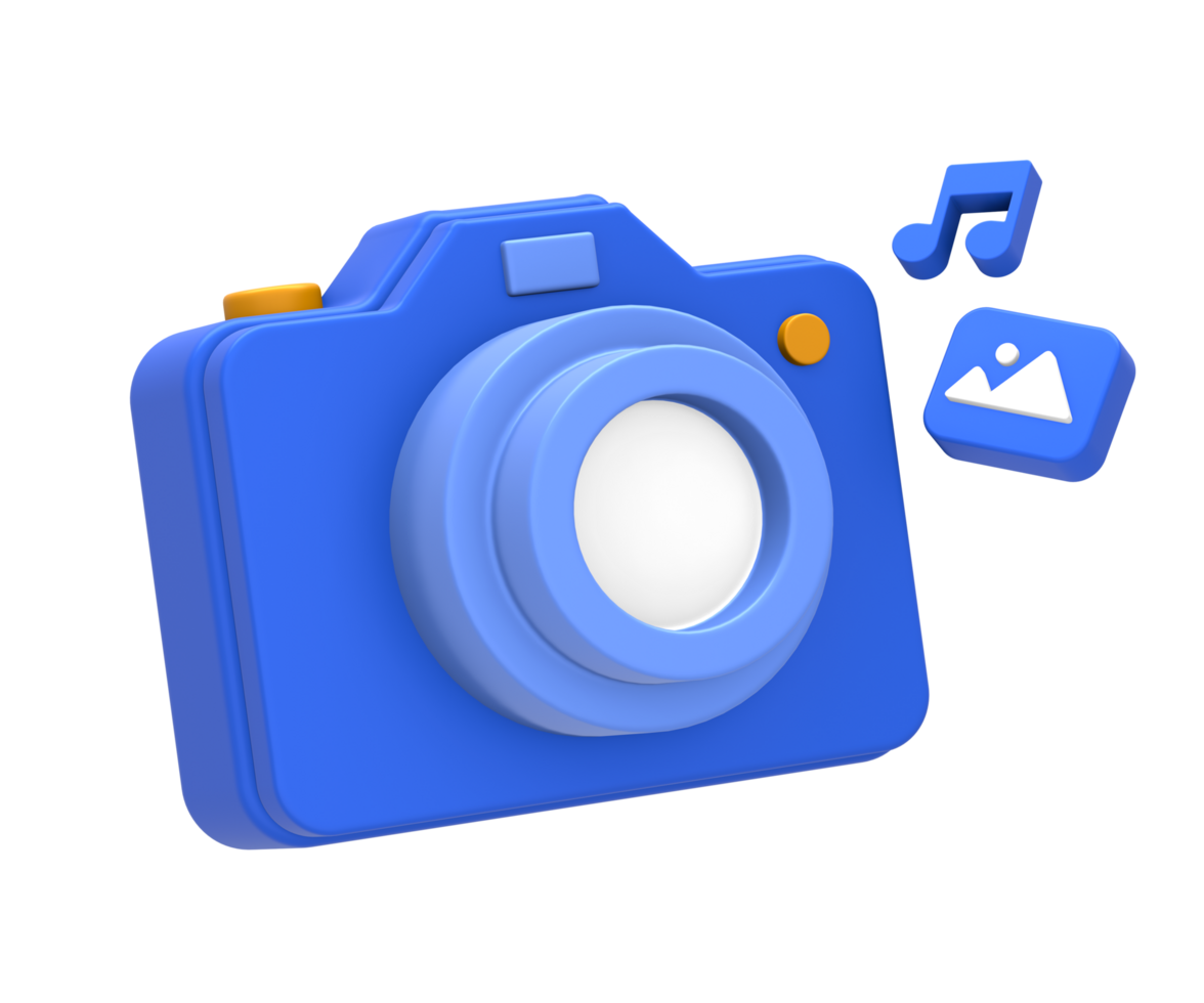 3D rendering of blue yellow multimedia content creation with digital camera photo and music note for UI UX web mobile apps social media ads design png
