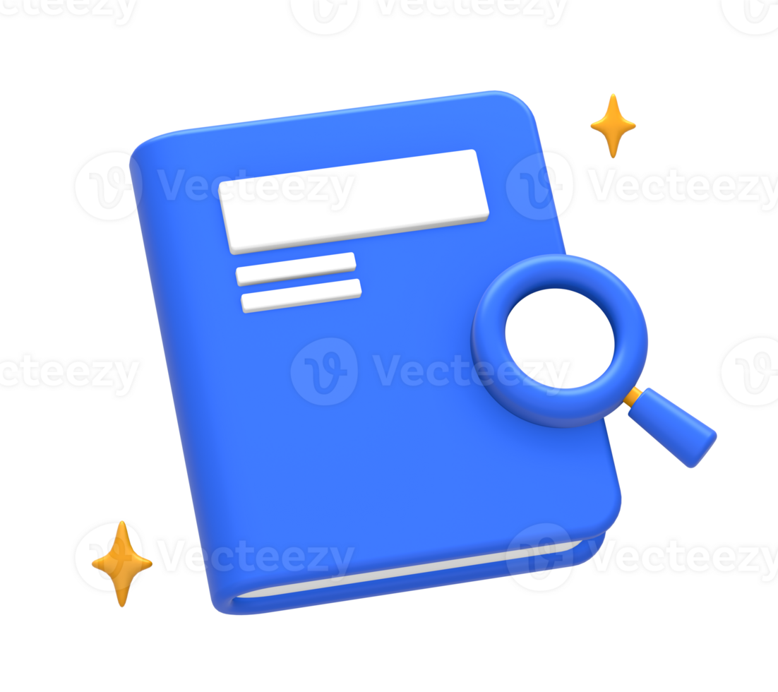3D rendering of blue yellow searching or finding information online with book and magnifying glass for UI UX web mobile apps social media ads design png