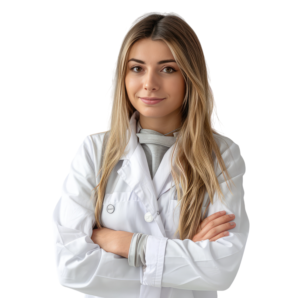 Portrait of blonde female with crossed arms in white dress png