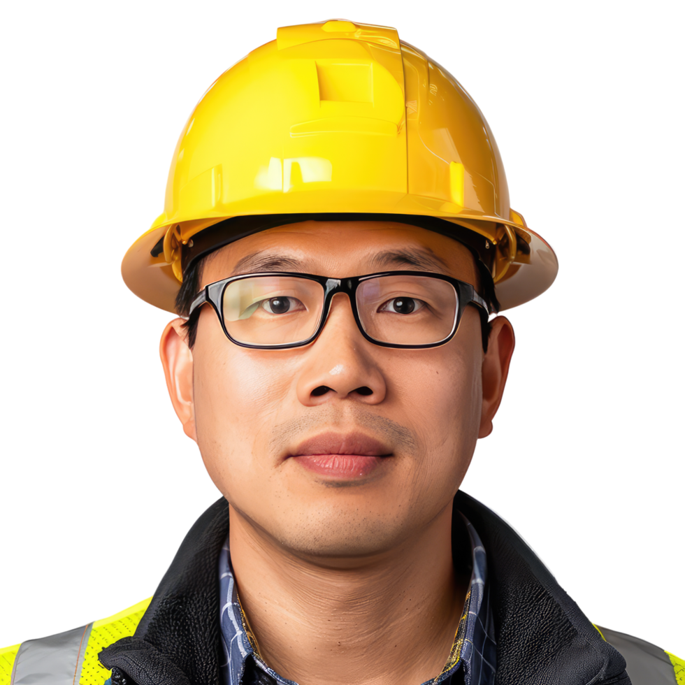 portrait of a Asian worker in a yellow construction helmet. manufacturing construction industry with isolated on transparent background cut out png