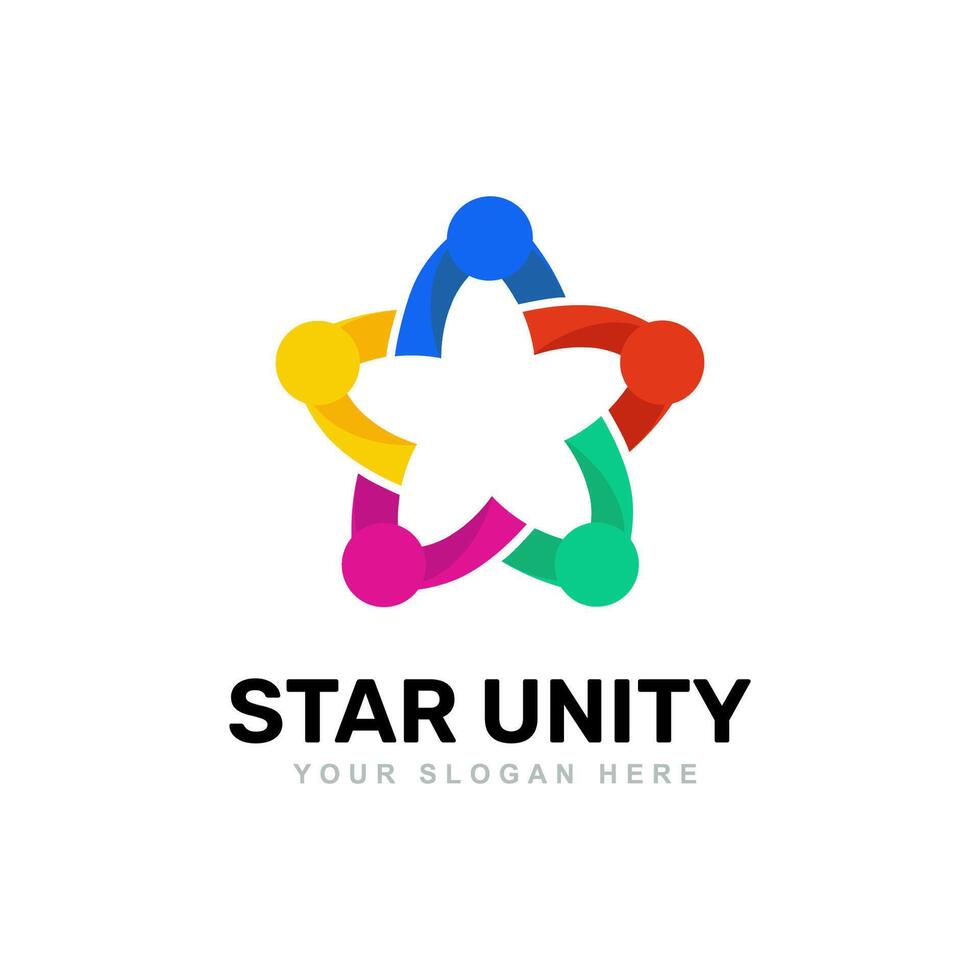 Five people holding hands forming colorful star logo vector