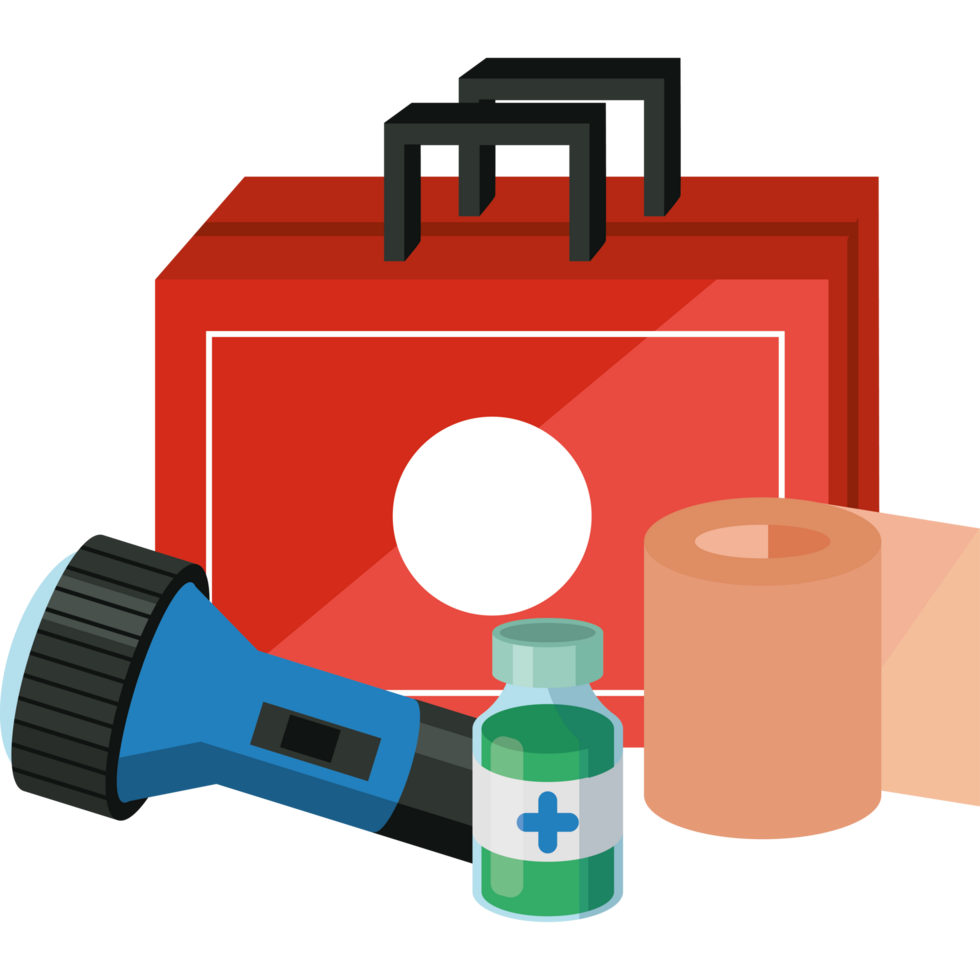 first aid kit with bandage and flashlight png
