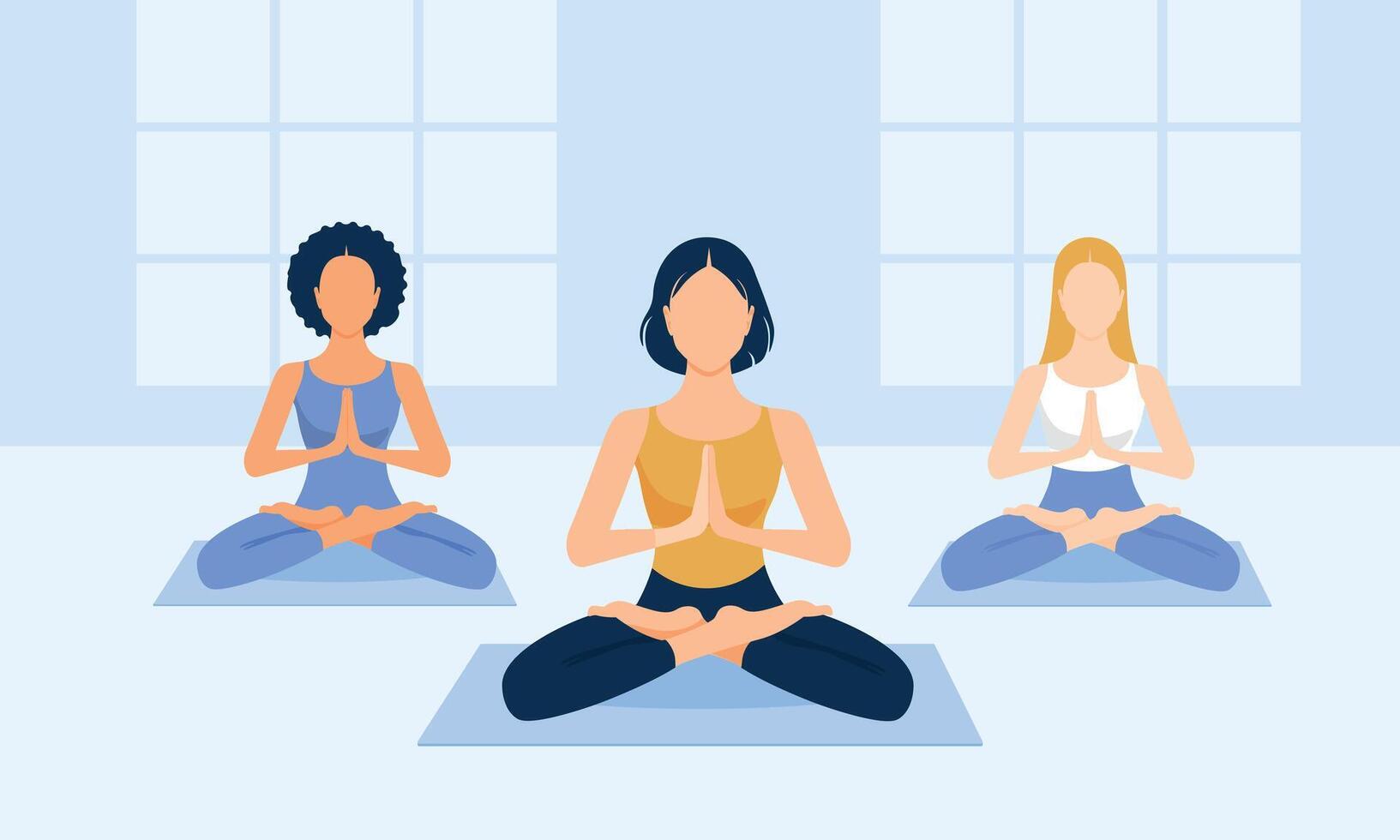 Three cartoons of women of various ethnicities doing yoga posture in a class. concept exercise classes yoga vector