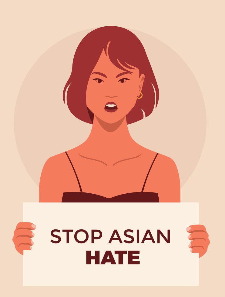 portrait of an asian woman holding a banner that has a text that says, stop hate asian. vector