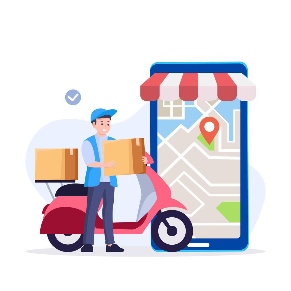 Fast delivery service man giving box to customer illustration vector