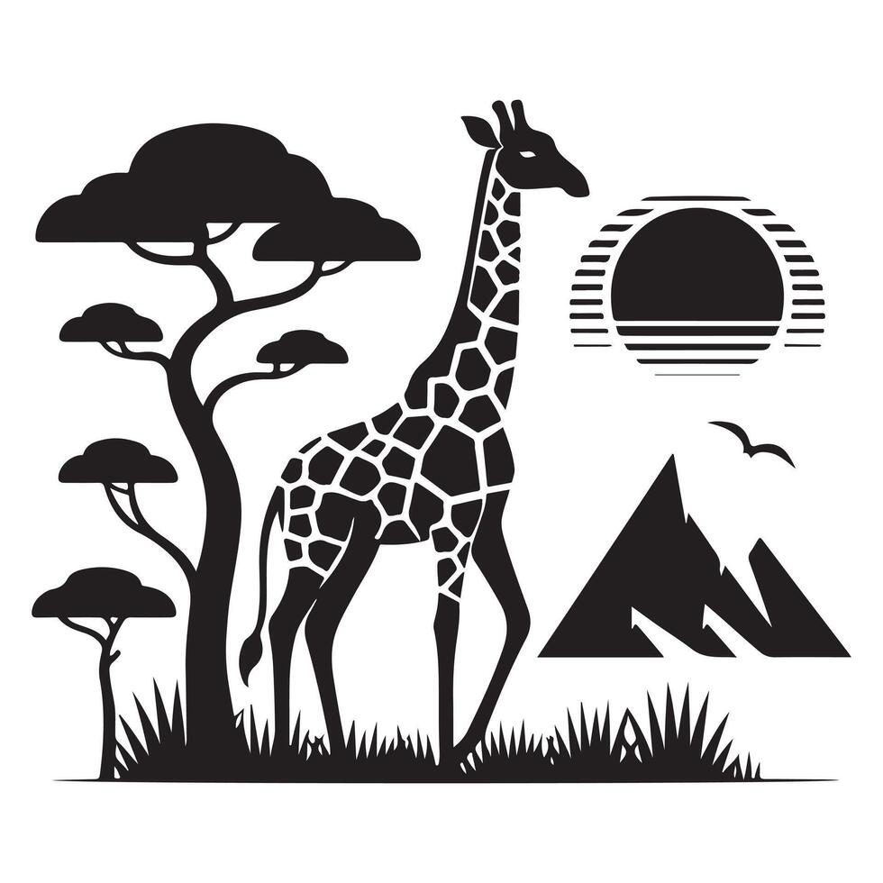 A giraffe in silhouette standing in the grass with a tree in the distance vector