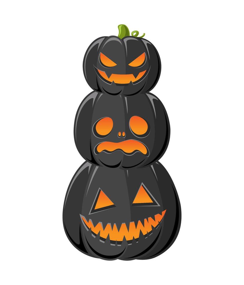 Stack of Jack O Lanterns, Cute Glowing Halloween Pumpkins, Creepy Spooky Scary Decorations vector