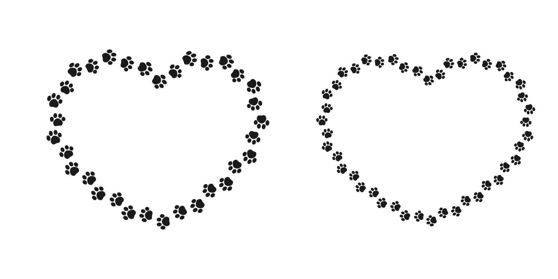 Heart shaped frame made of animal paw prints with empty space for your text and images. Cute Valentines, animal lover dog paw print border. vector
