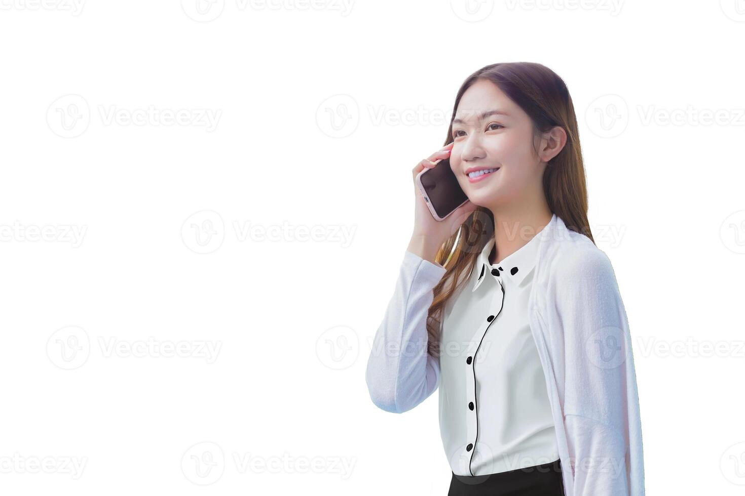 Young Asian business woman professional in white shirt is calling phone seriously to consult on work with team members while isolated white background. photo